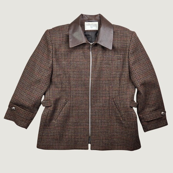 International Scene Jackets & Blazers - Vintage International Scene Brown Tweed Wool Leather Collar Jacket Luxury 11/12